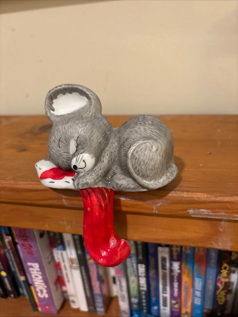 Gray Mouse Stocking Hanger with Red Accent - Holiday Decor